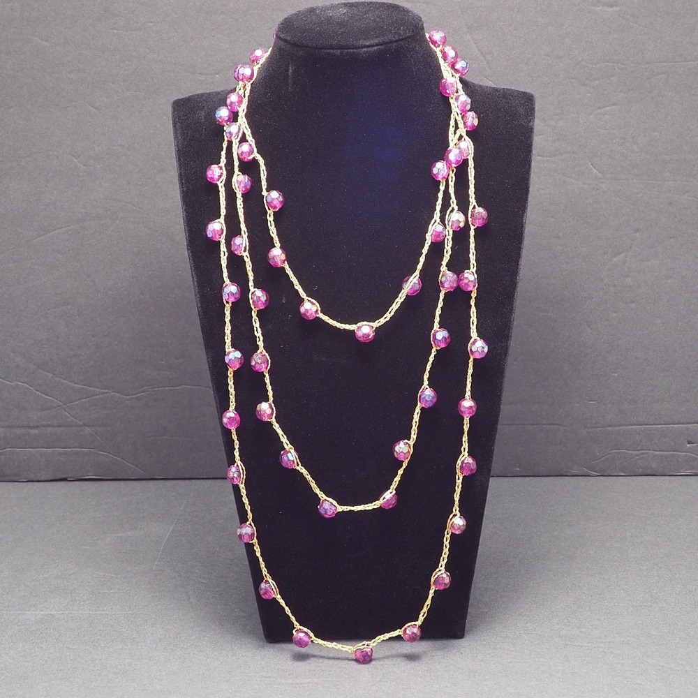 Endless Station Necklace Womens AB Purple Beaded Gold Metalic Cord Layering 64" - Picture 2 of 7
